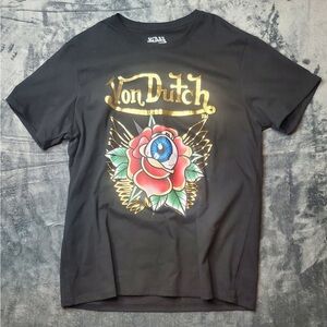 Von Dutch Black Tee with Gold and Red Graphic